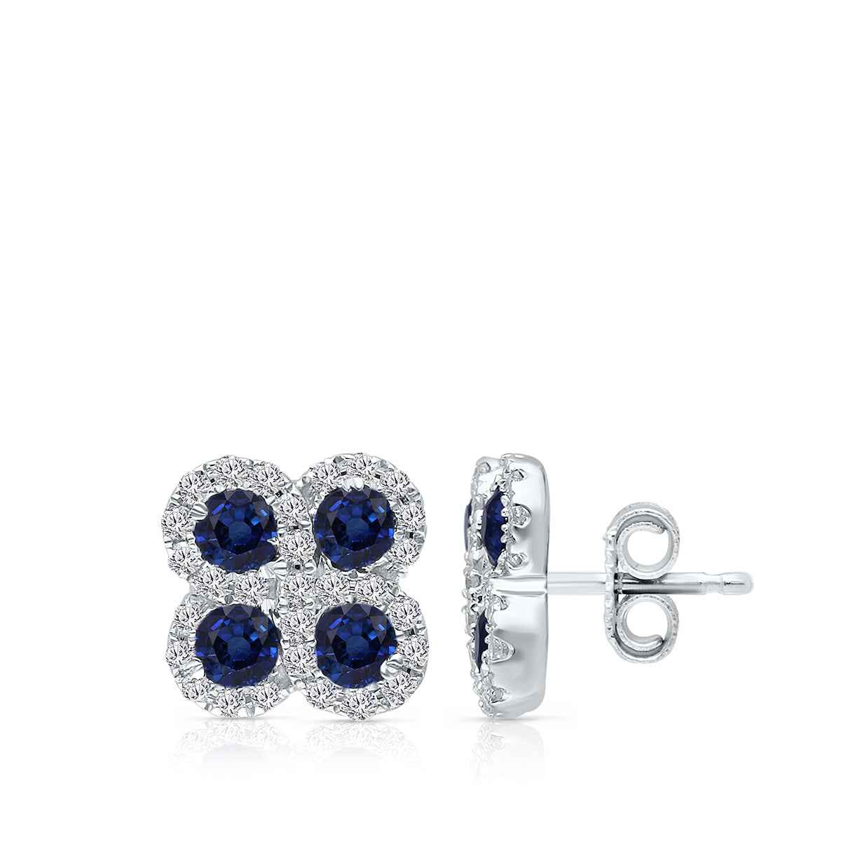 Kallati Round Sapphire & 1/6 ct. tw. Diamond Quatrefoil Earrings in 14K White Gold