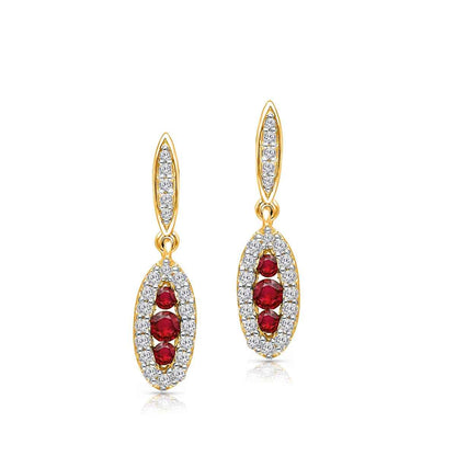 Kallati Round Ruby & 1/3 ct. tw. Diamond Halo Drop Earrings in 14K Yellow Gold front view