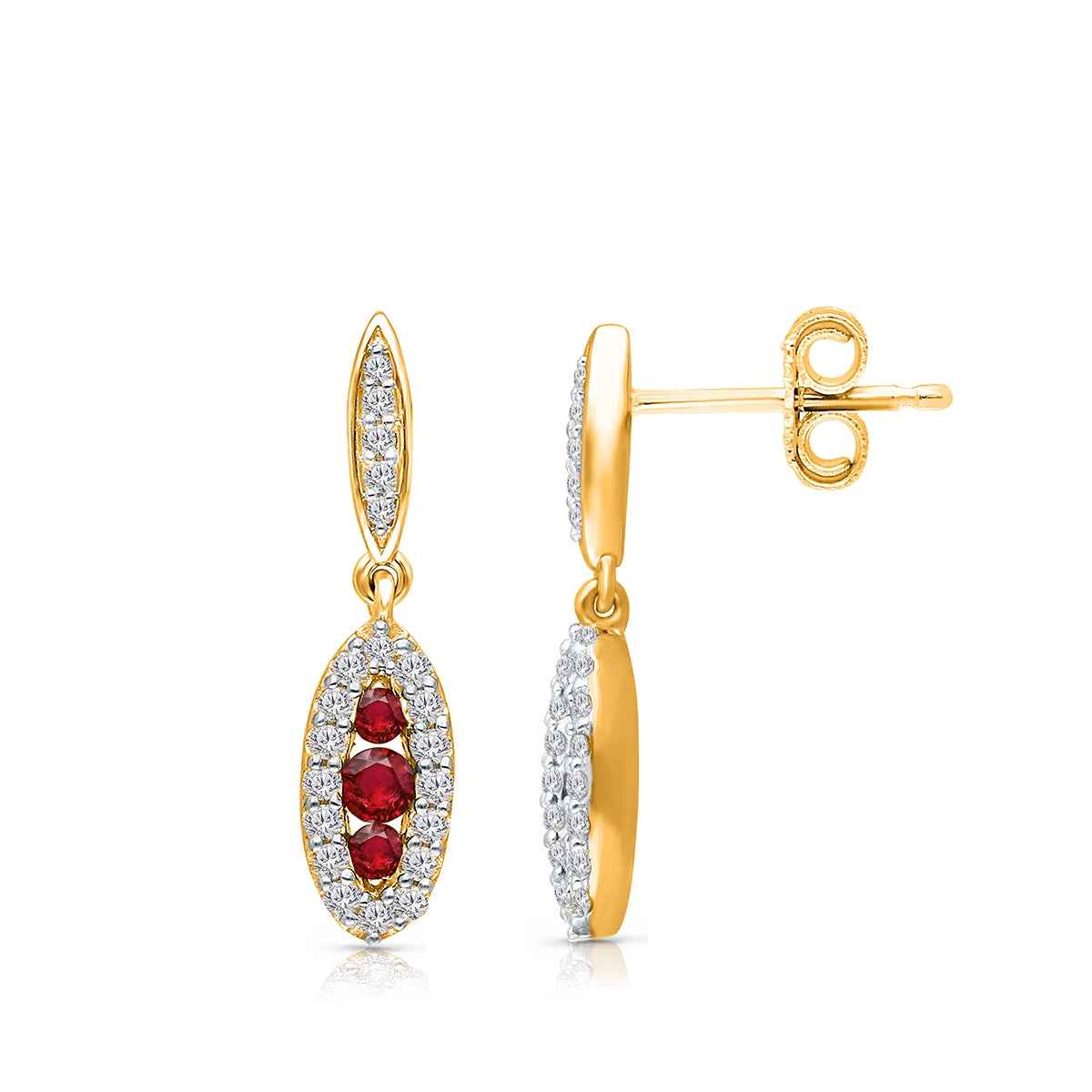 Kallati Round Ruby & 1/3 ct. tw. Diamond Halo Drop Earrings in 14K Yellow Gold