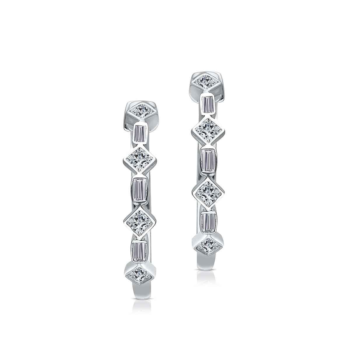 Kallati 1/3 ct. tw. Princess Cut & Baguette Diamond Bezel Set Hoop Earrings in 14K White Gold front view