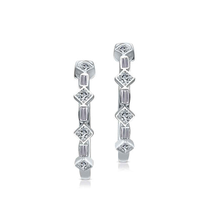 Kallati 1/3 ct. tw. Princess Cut & Baguette Diamond Bezel Set Hoop Earrings in 14K White Gold front view