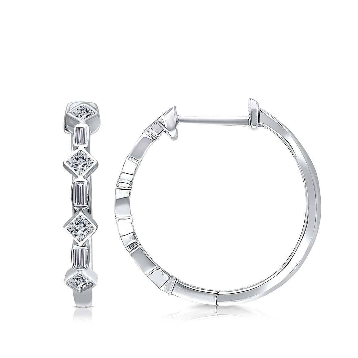 Kallati 1/3 ct. tw. Princess Cut & Baguette Diamond Bezel Set Hoop Earrings in 14K White Gold