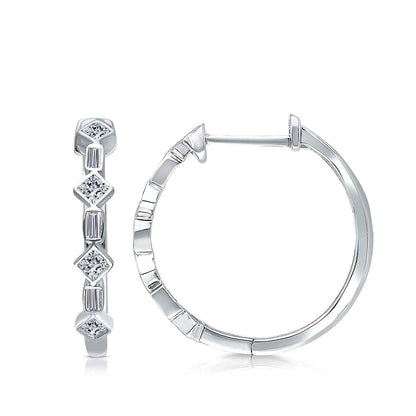 Kallati 1/3 ct. tw. Princess Cut & Baguette Diamond Bezel Set Hoop Earrings in 14K White Gold