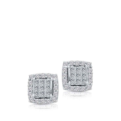 Kallati 3/8 ct. tw. Princess Cut & Round Diamond Square Cluster Halo Earrings in 14K White Gold front view