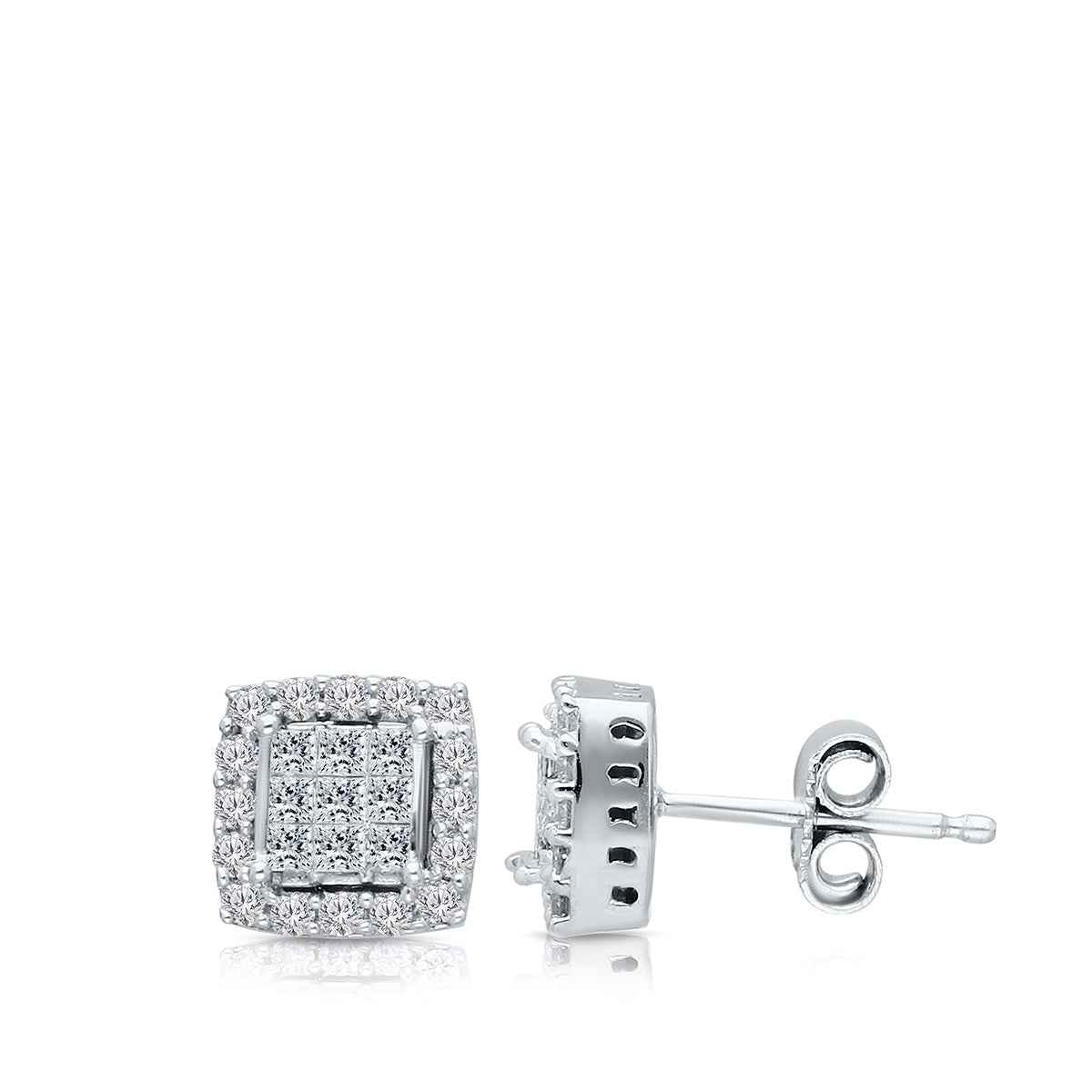 Kallati 3/8 ct. tw. Princess Cut & Round Diamond Square Cluster Halo Earrings in 14K White Gold