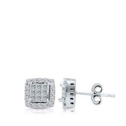 Kallati 3/8 ct. tw. Princess Cut & Round Diamond Square Cluster Halo Earrings in 14K White Gold