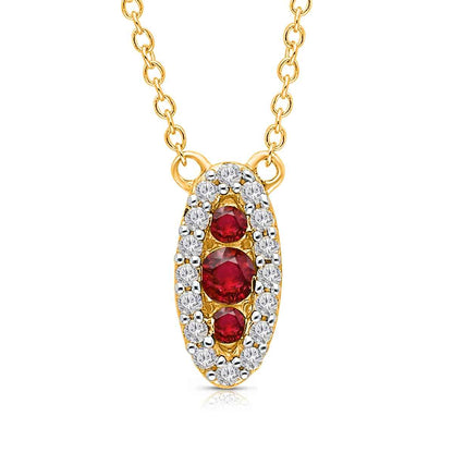 Kallati Round Ruby & 1/10 ct. tw. Diamond Halo Necklace in 14K Yellow Gold
