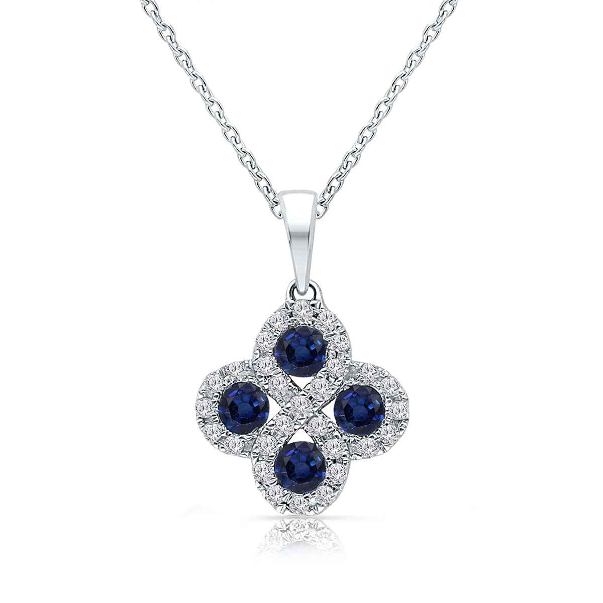 Kallati Round Sapphire & 1/6 ct. tw. Diamond Quatrefoil Pendant in 14K White Gold