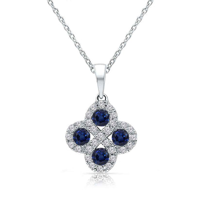 Kallati Round Sapphire & 1/6 ct. tw. Diamond Quatrefoil Pendant in 14K White Gold