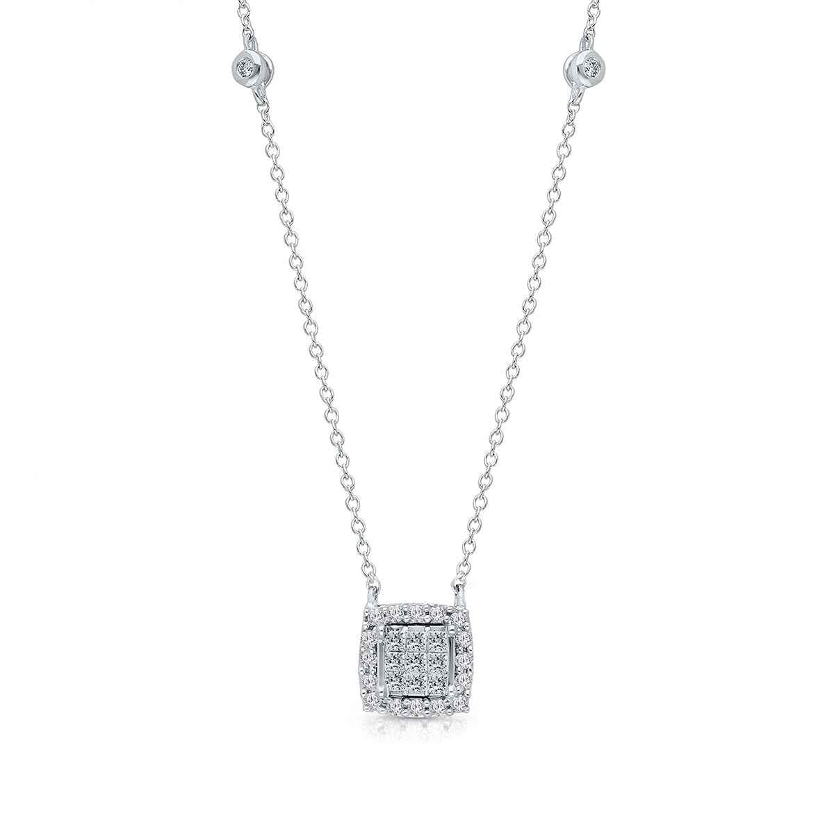 Kallati 1/3 ct. tw. Princess Cut & Round Diamond Square Cluster Halo Pendant in 14K White Gold