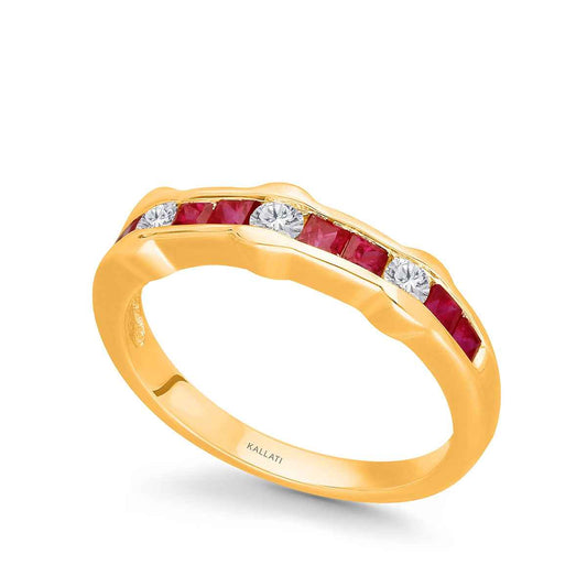 Kallati Princess Cut Ruby & 1/5 ct. tw. Diamond Channel Set Ring in 14K Yellow Gold