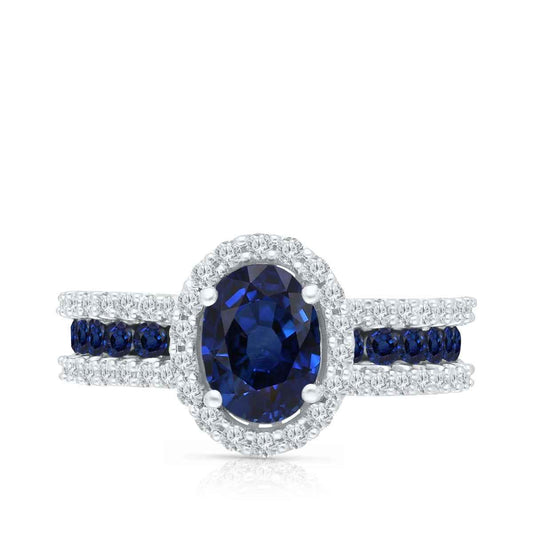 Kallati Oval Sapphire & 3/8 ct. tw. Diamond Halo Ring in 14K White Gold front view