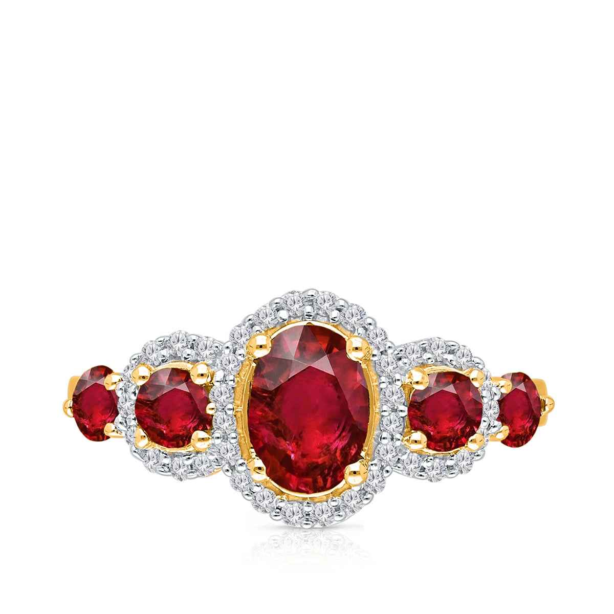 Kallati 5-Stone Oval Ruby & 1/5 ct. tw. Diamond Halo Ring in 14K Yellow Gold front view