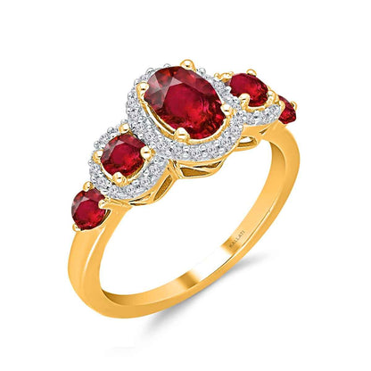 Kallati 5-Stone Oval Ruby & 1/5 ct. tw. Diamond Halo Ring in 14K Yellow Gold
