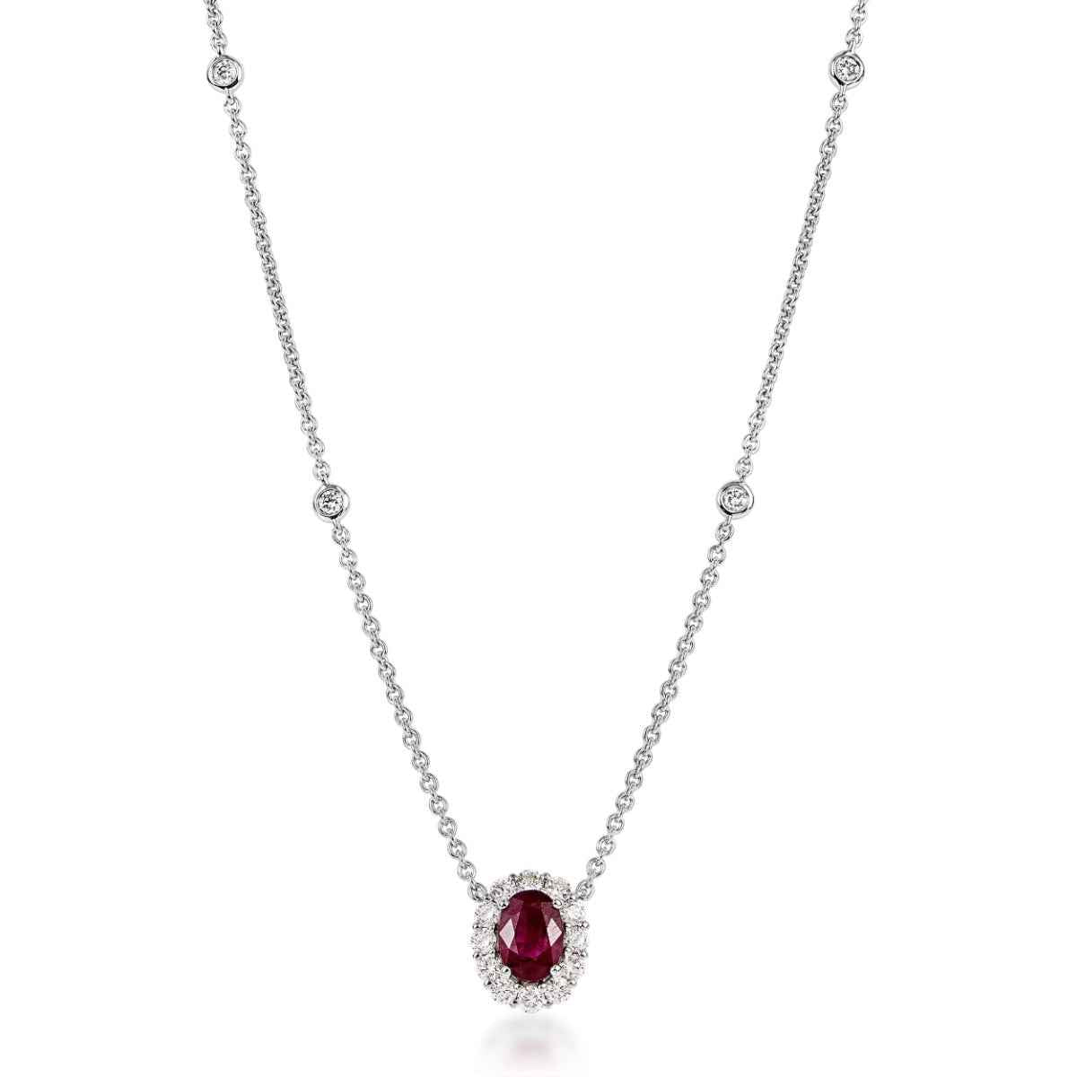 Oval Ruby & 1/2 ct. tw. Diamond Halo Station Necklace in 18K White Gold front view