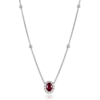 Oval Ruby & 1/2 ct. tw. Diamond Halo Station Necklace in 18K White Gold front view