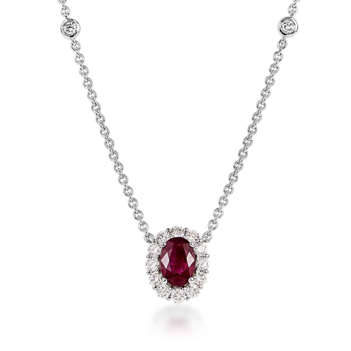 Oval Ruby & 1/2 ct. tw. Diamond Halo Station Necklace in 18K White Gold