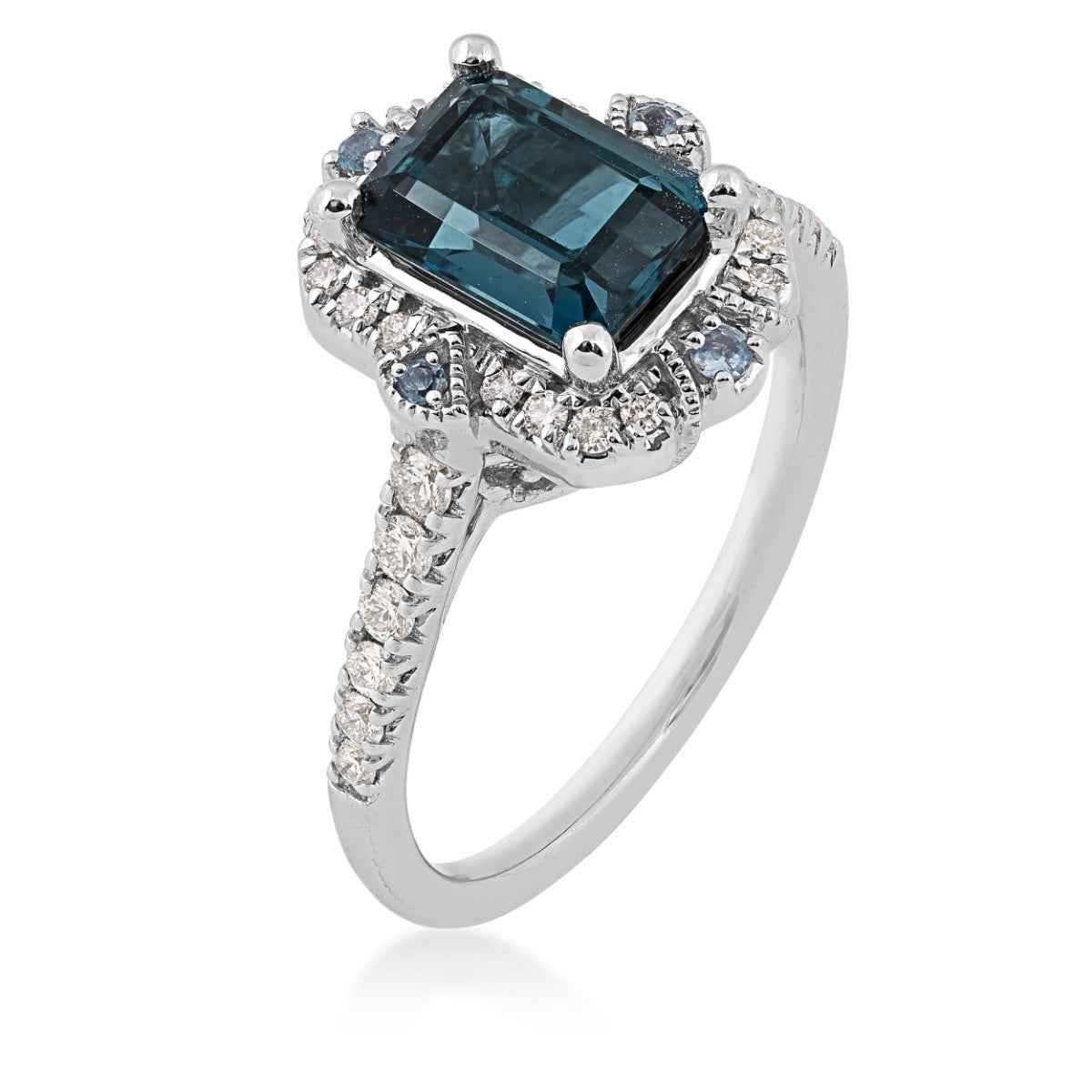 Emerald Cut Blue Topaz and 1/3 ct. tw. Diamond Ring in 14K White Gold front view
