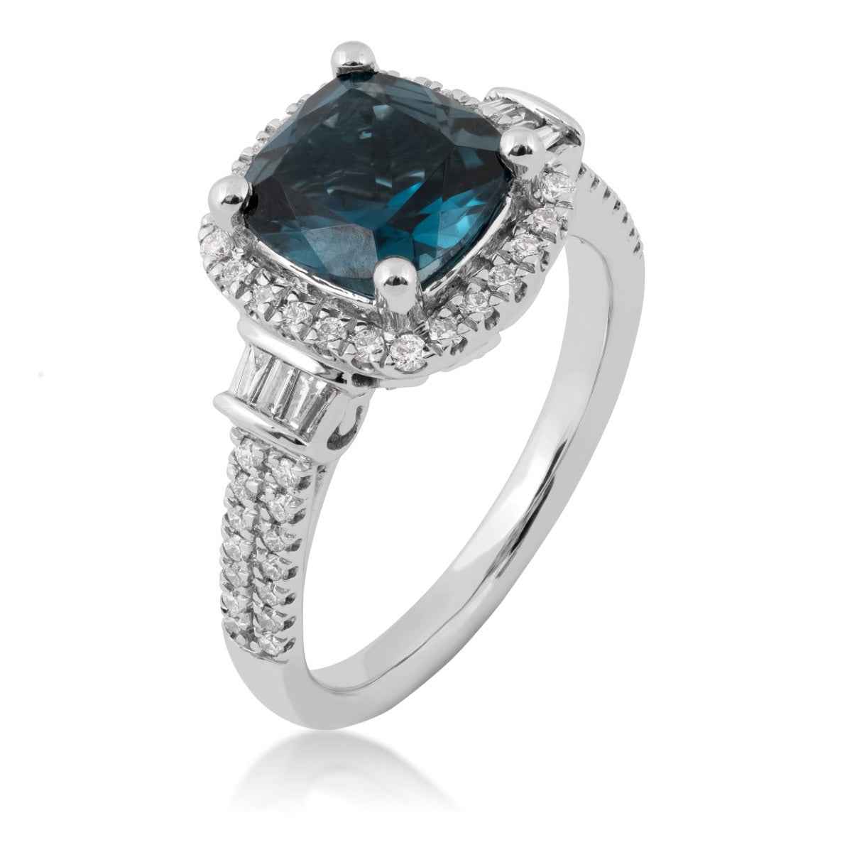 Cushion London Blue Topaz and 1/2 ct. tw. Diamond Halo Ring in 14K White Gold front view