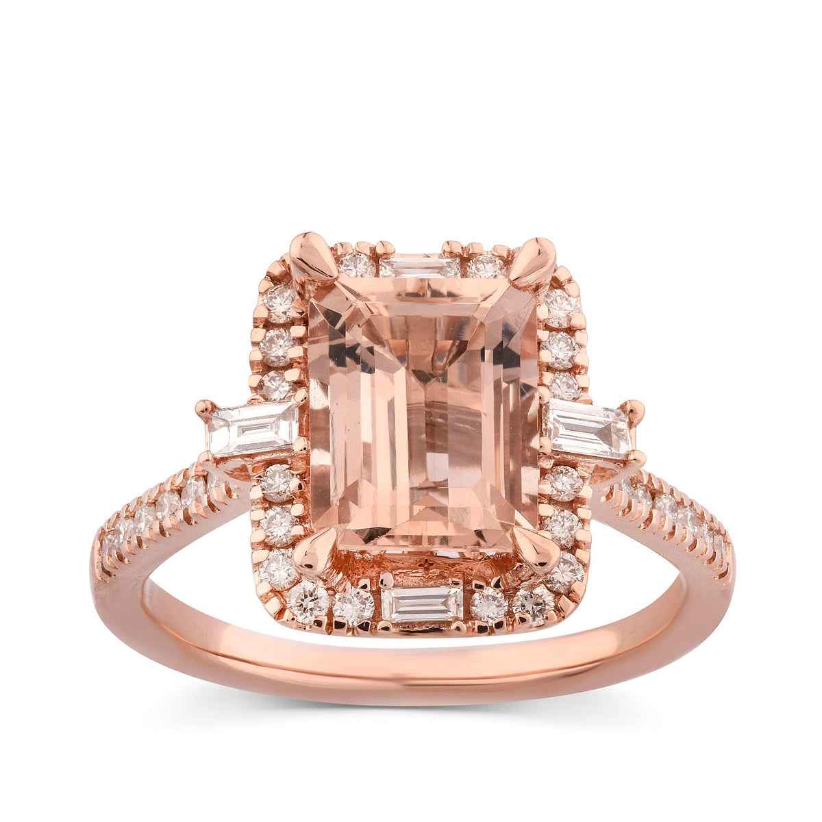 Emerald Cut Morganite & 1/2 ct. tw. Diamond Halo Ring in 14K Pink Gold