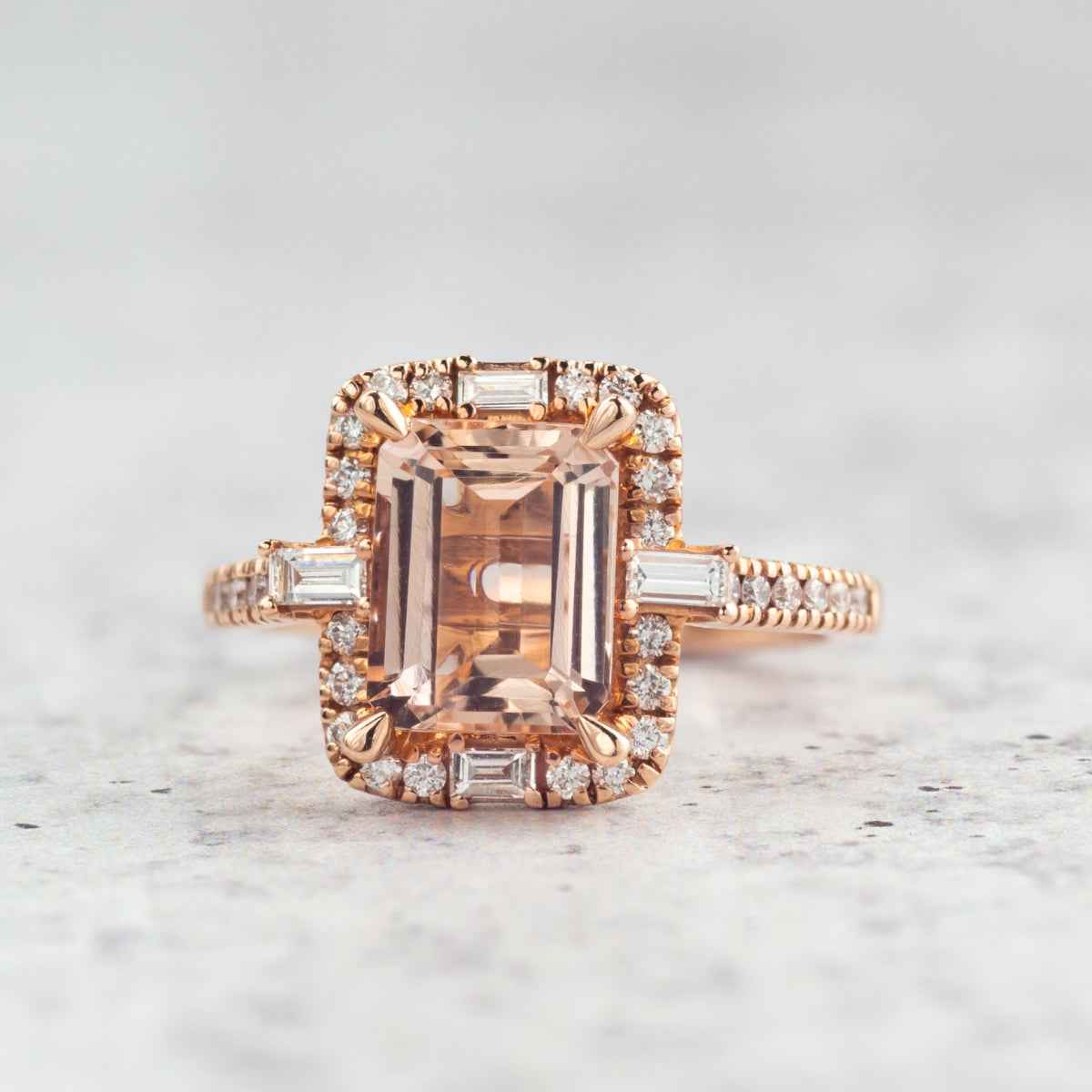 Emerald Cut Morganite & 1/2 ct. tw. Diamond Halo Ring in 14K Pink Gold front view