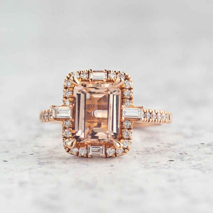 Emerald Cut Morganite & 1/2 ct. tw. Diamond Halo Ring in 14K Pink Gold front view