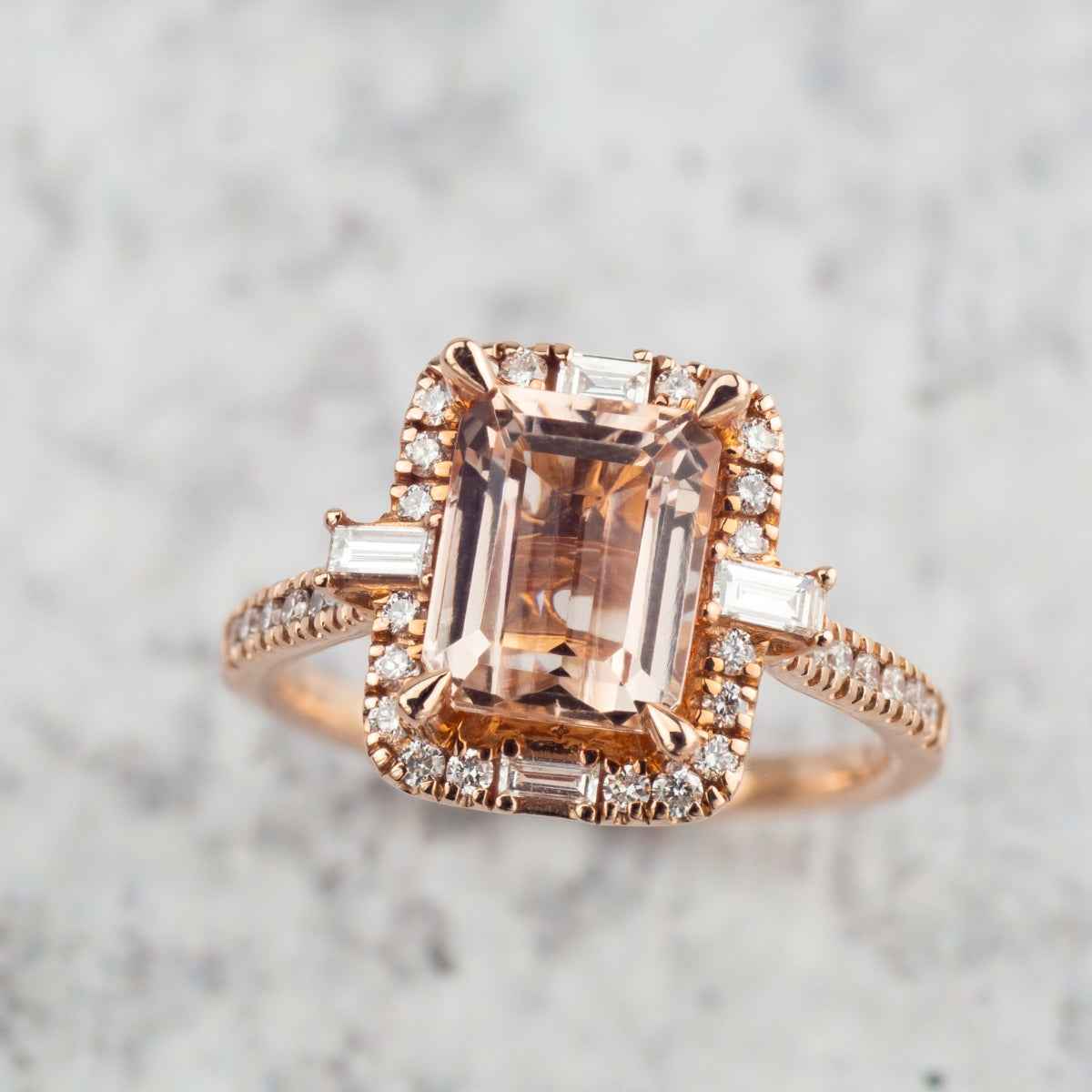 Emerald Cut Morganite & 1/2 ct. tw. Diamond Halo Ring in 14K Pink Gold close-up detail