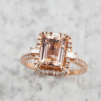 Emerald Cut Morganite & 1/2 ct. tw. Diamond Halo Ring in 14K Pink Gold close-up detail