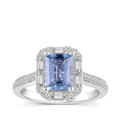 Emerald Cut Aquamarine & 1/2 ct. tw. Diamond Halo Ring in 14K White Gold