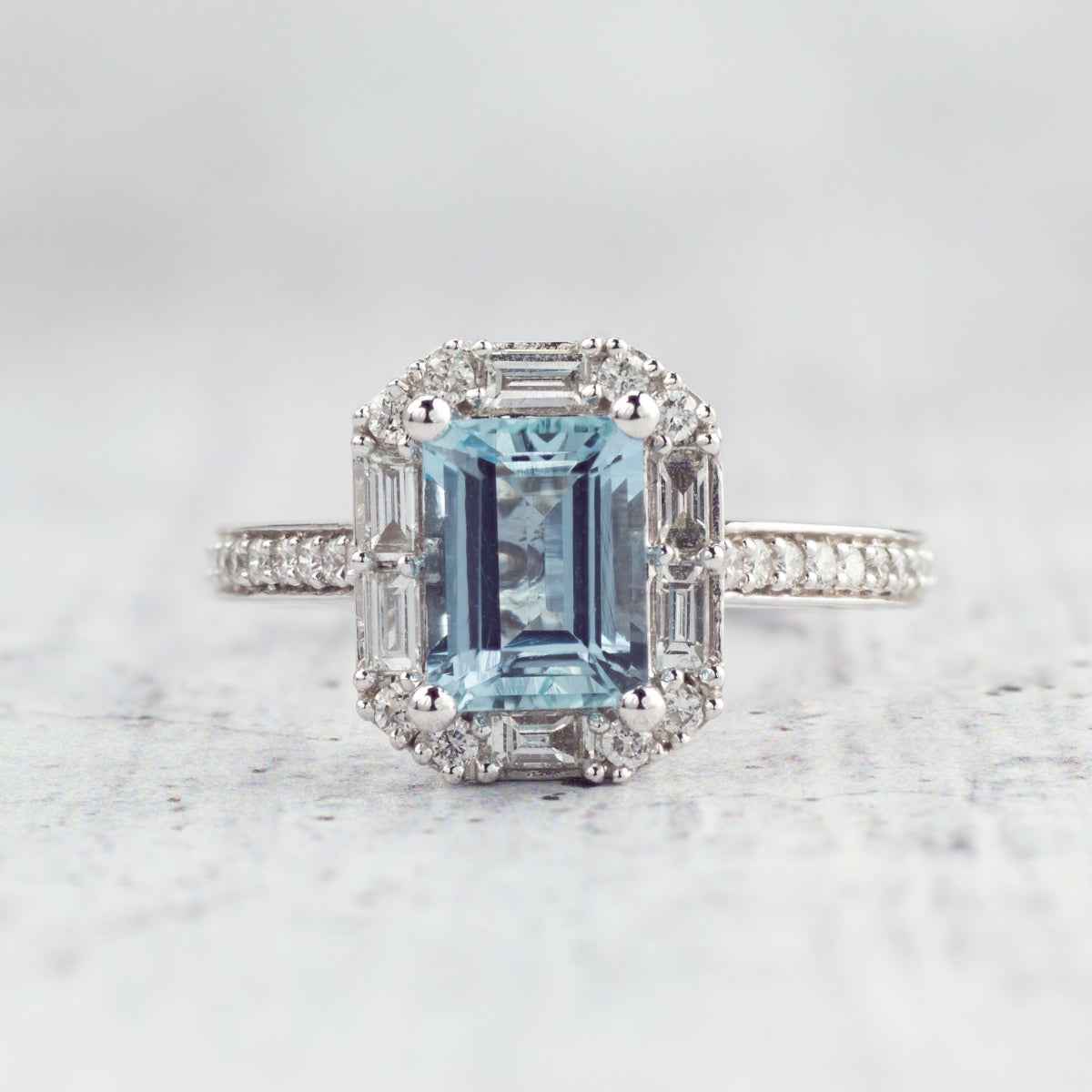 Emerald Cut Aquamarine & 1/2 ct. tw. Diamond Halo Ring in 14K White Gold front view