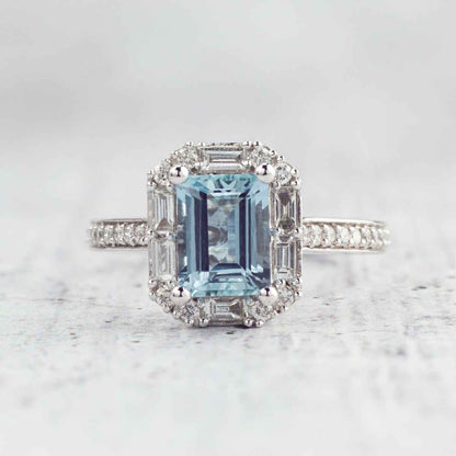 Emerald Cut Aquamarine & 1/2 ct. tw. Diamond Halo Ring in 14K White Gold front view