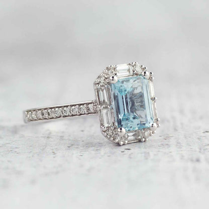 Emerald Cut Aquamarine & 1/2 ct. tw. Diamond Halo Ring in 14K White Gold close-up detail