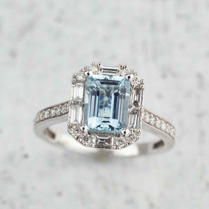 Emerald Cut Aquamarine & 1/2 ct. tw. Diamond Halo Ring in 14K White Gold side profile