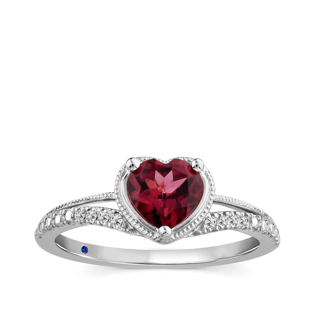 Rhodolite Garnet Heart & Diamond Accent Ring with Split Shank in 10K White Gold