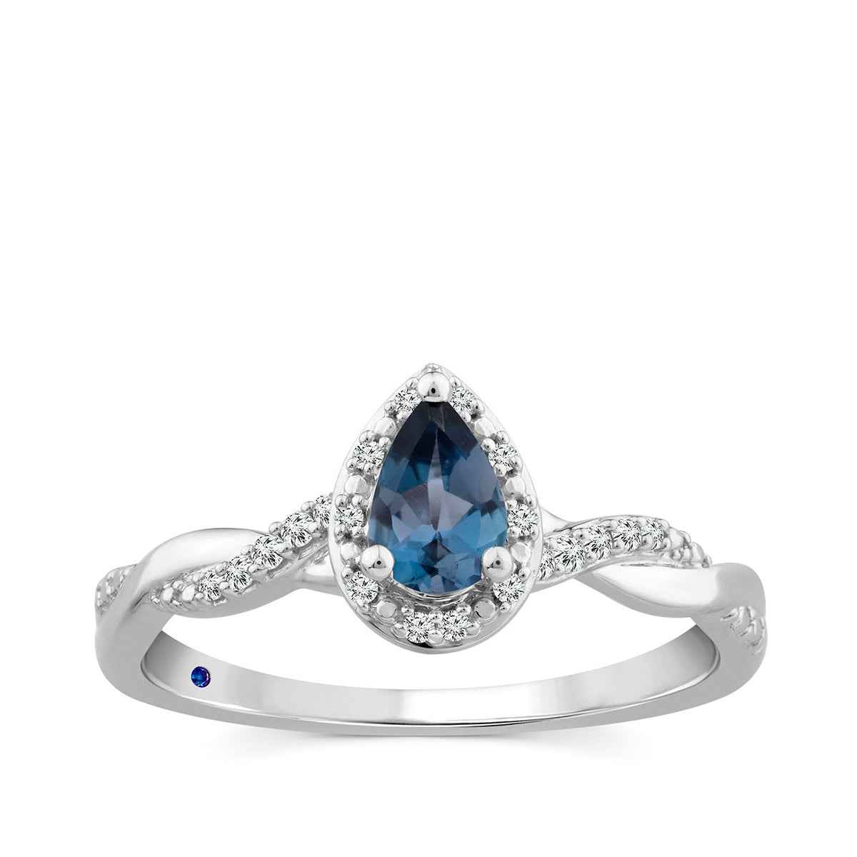 Pear London Blue Topaz & Diamond Accent Halo Ring with Twist Band in 10K White Gold