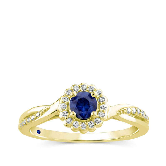 Sapphire & Diamond Accent Halo Ring with Twist Band in 10K Yellow Gold