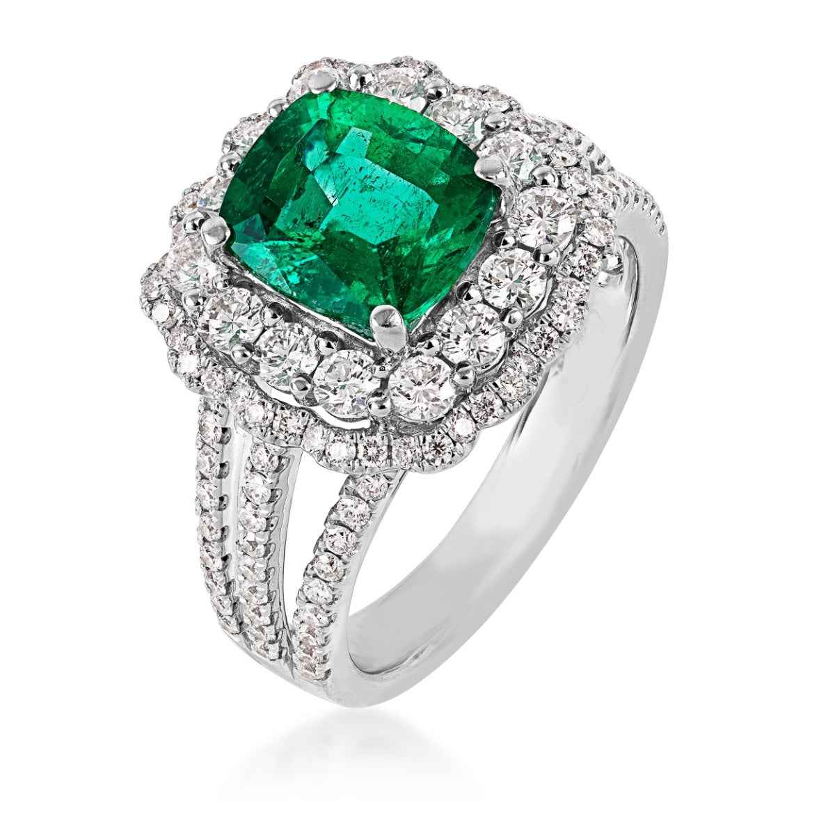 Cushion Emerald & 1-1/7 ct. tw. Diamond Scalloped Halo Ring in 18K White Gold front view