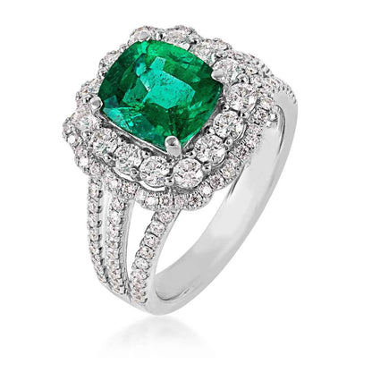 Cushion Emerald & 1-1/7 ct. tw. Diamond Scalloped Halo Ring in 18K White Gold front view