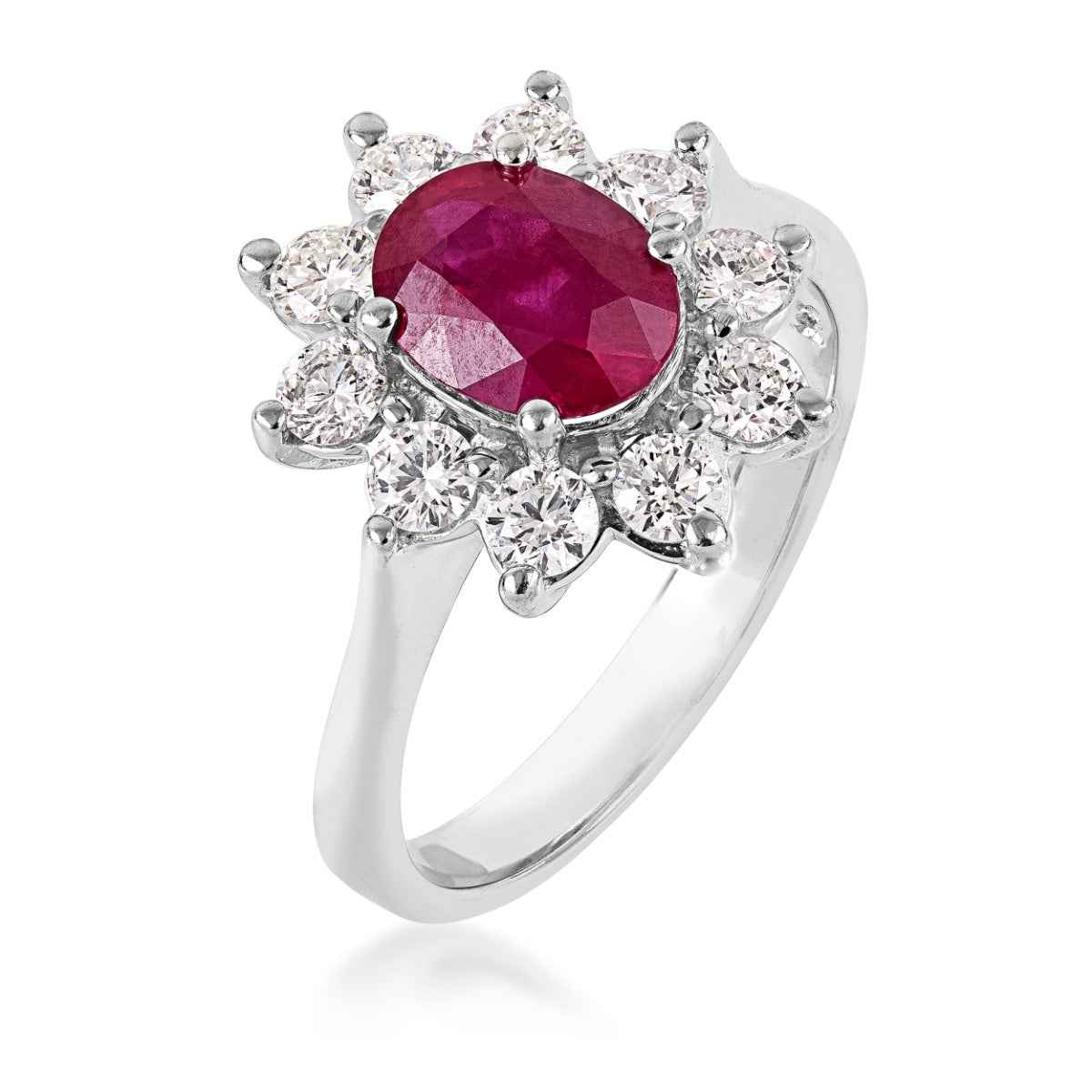 Oval Ruby & 1 ct. tw. Diamond Floral Halo Ring in 14K White Gold front view