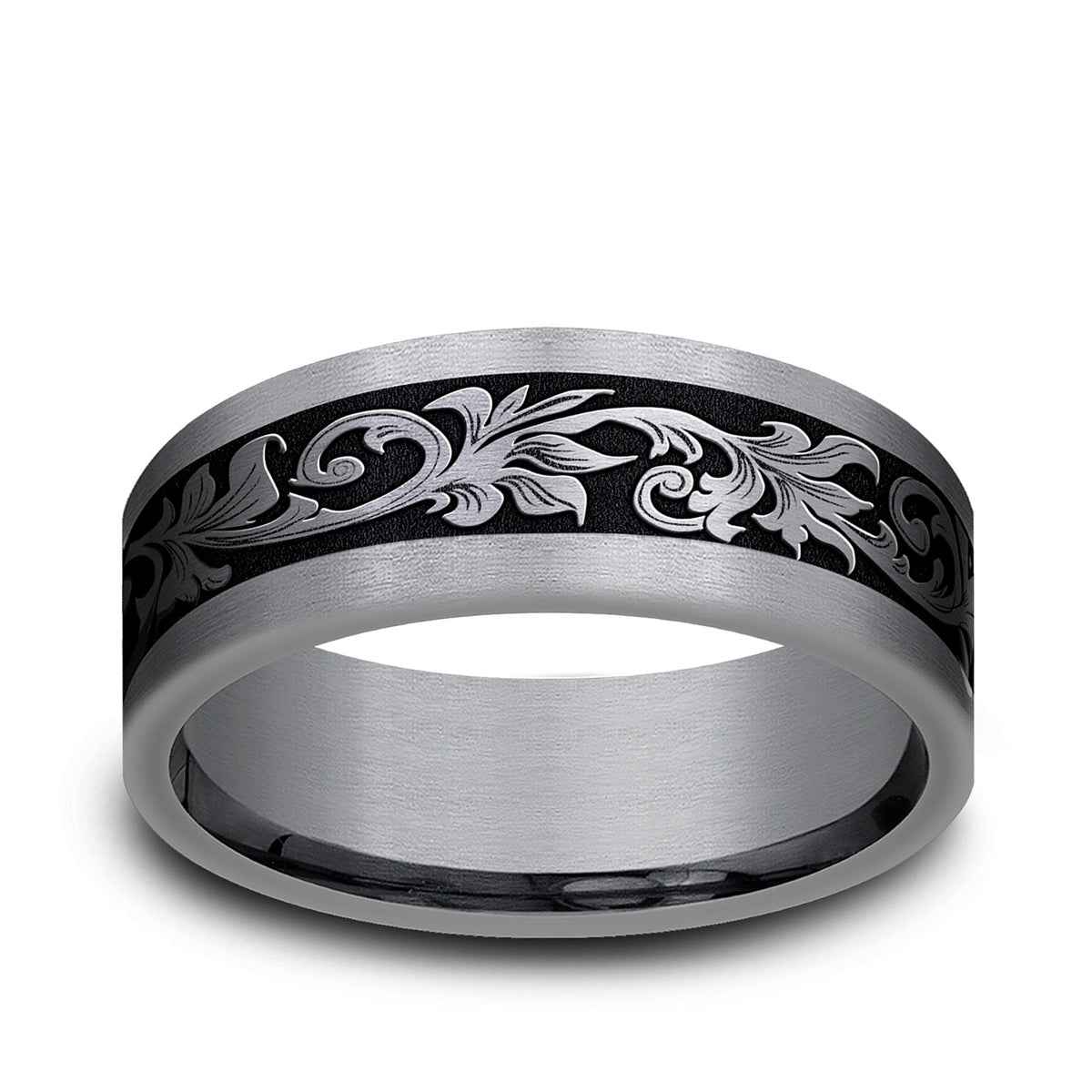 Benchmark Men's 8mm Tantalum Vintage Script Black with Center Wedding Band
