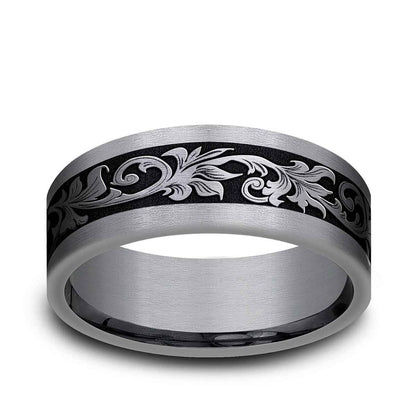 Benchmark Men's 8mm Tantalum Vintage Script Black with Center Wedding Band