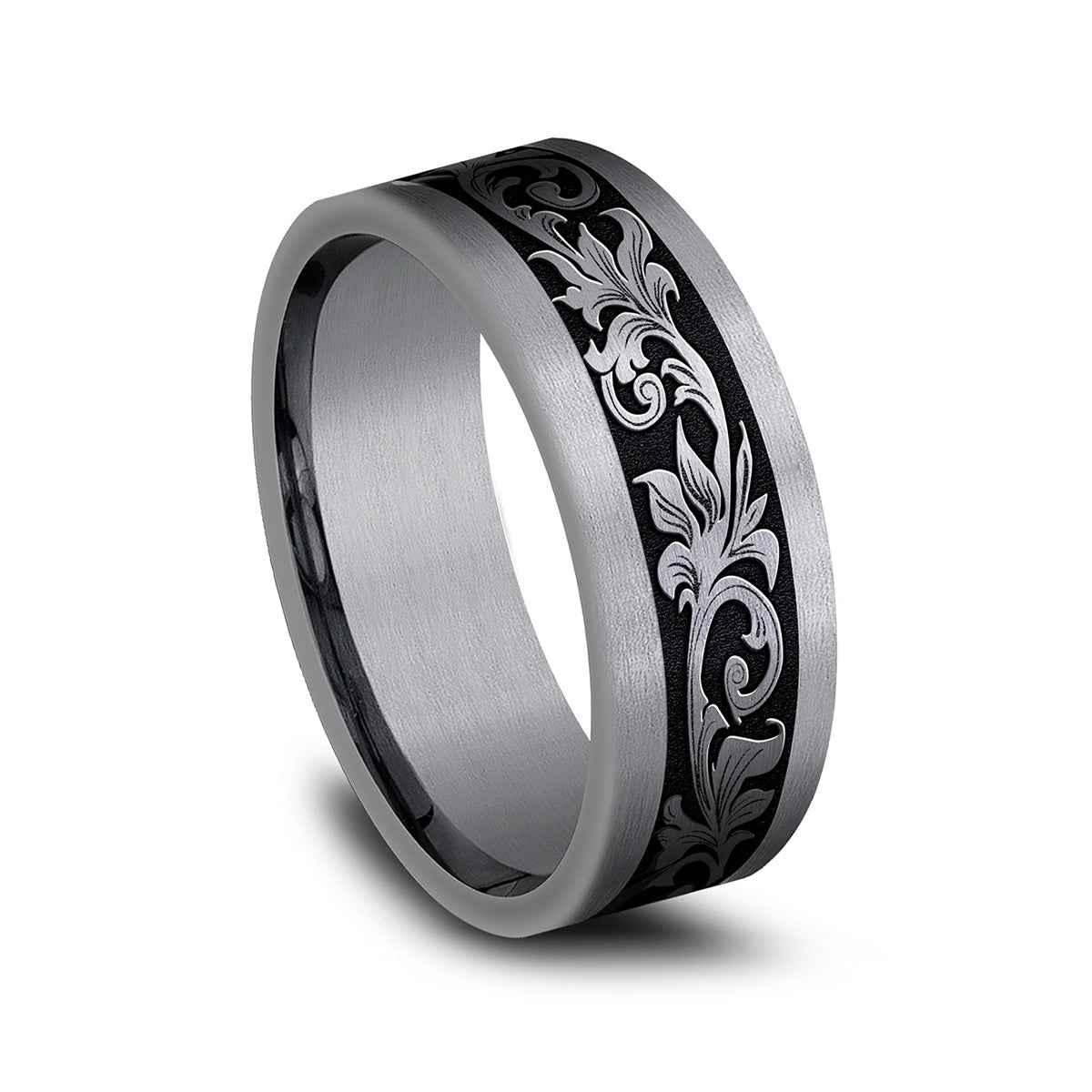 Benchmark Men's 8mm Tantalum Vintage Script Black with Center Wedding Band front view