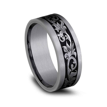 Benchmark Men's 8mm Tantalum Vintage Script Black with Center Wedding Band front view