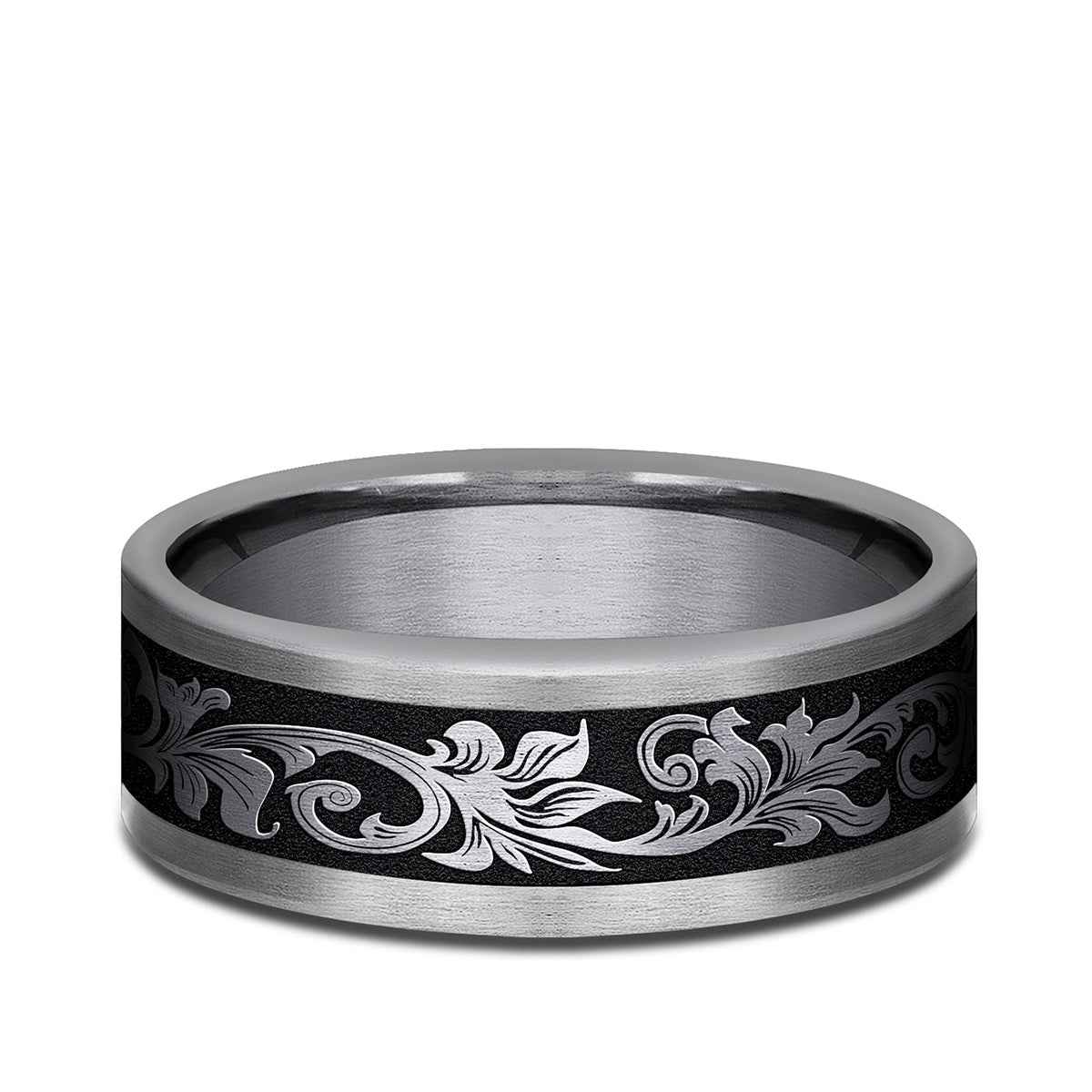 Benchmark Men's 8mm Tantalum Vintage Script Black with Center Wedding Band close-up detail