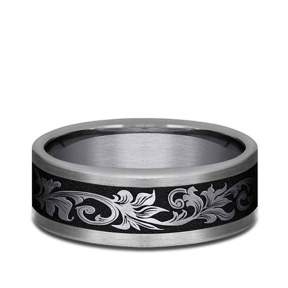 Benchmark Men's 8mm Tantalum Vintage Script Black with Center Wedding Band close-up detail