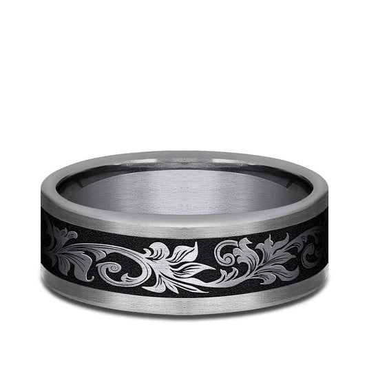 Benchmark Men's 8mm Tantalum Vintage Script Black with Center Wedding Band close-up detail