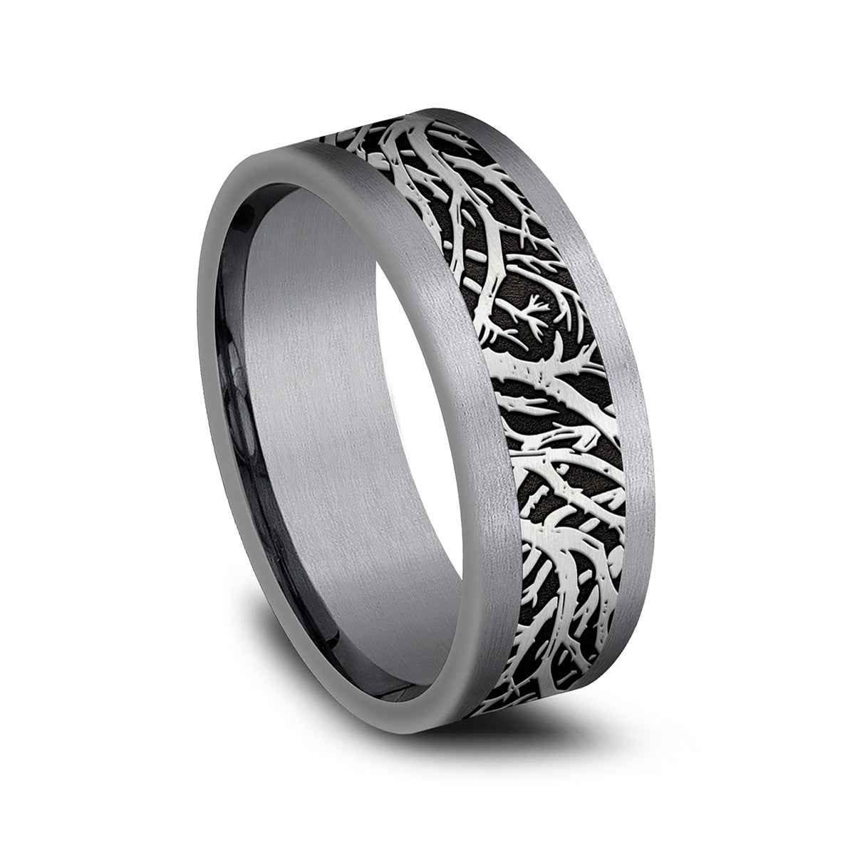 Benchmark Men's 8mm Tantalum Enchanted Forest with Black Center Wedding Band front view