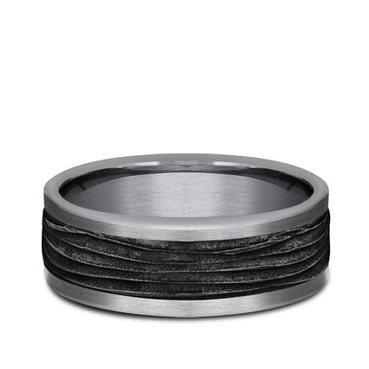 Benchmark Men's 8mm Tantalum Horizontal Bark with Black Center Wedding Band close-up detail