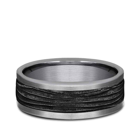 Benchmark Men's 8mm Tantalum Horizontal Bark with Black Center Wedding Band close-up detail