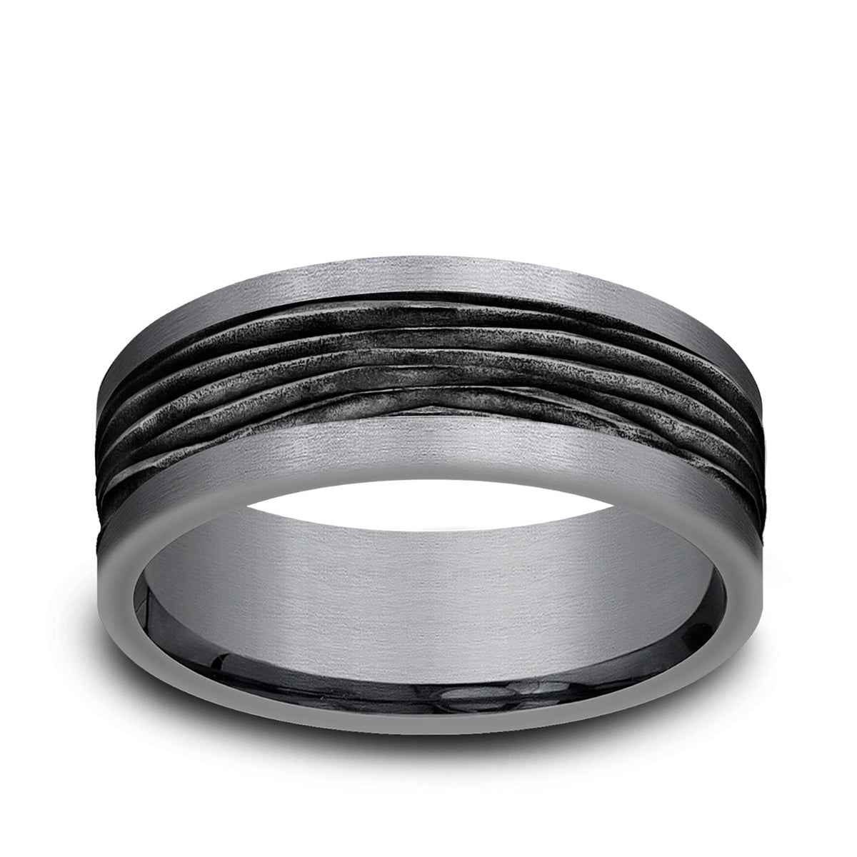 Benchmark Men's 8mm Tantalum Horizontal Bark with Black Center Wedding Band